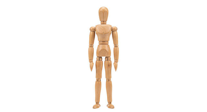 Classic wooden artist mannequin stands upright, facing forward with a neutral pose against a clean white background