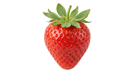 Single vibrant red ripe strawberry with green leaves and visible seeds is perfectly isolated on a clean white background © no one