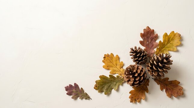 Autumn composition with pine cones and oak leaves isolated on white background