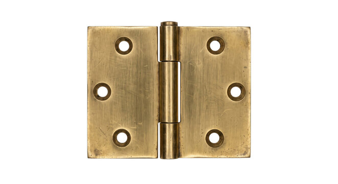 Sturdy antique brass door hinge, featuring a brushed texture and visible screw holes, isolated on a clean white background