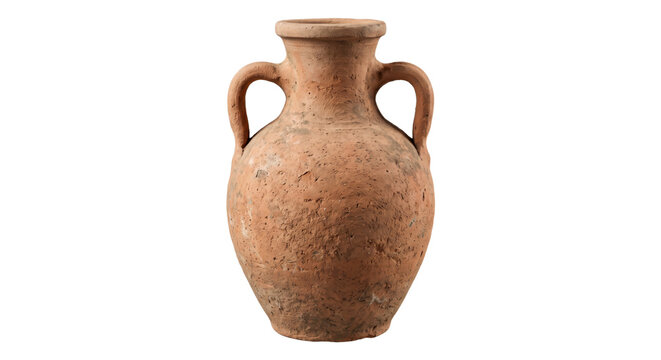 Ancient weathered terracotta amphora with two handles stands prominently against a clean white background, showcasing its rustic texture