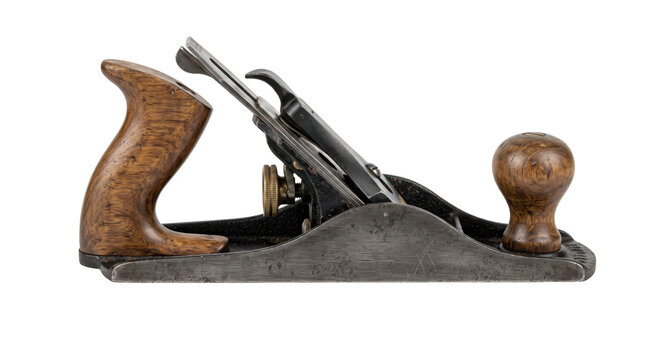 Classic vintage woodworking hand plane with a dark metal body and polished wooden handles is isolated on a clean white background