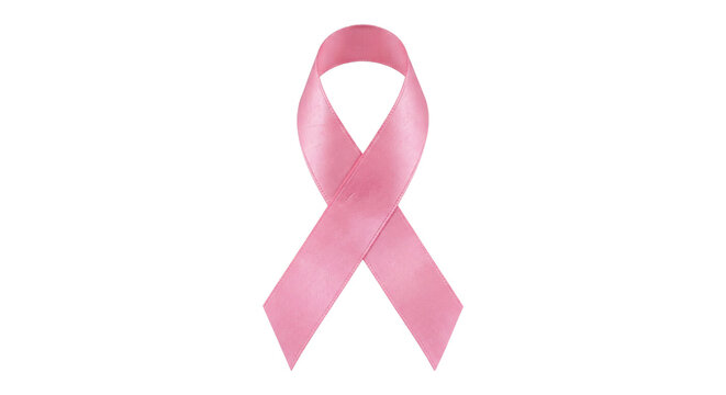 Single pink satin ribbon, symbolizing breast cancer awareness, is prominently displayed against a clean white background