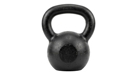 Obraz premium Single black cast iron kettlebell with a textured surface stands upright on a clean white background