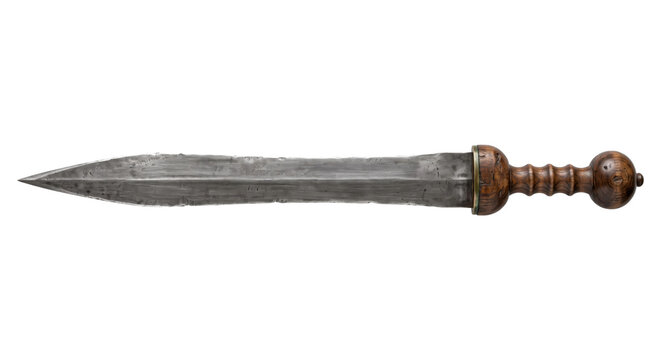 Detailed ancient Roman gladius sword with a dark metal blade and a carved wooden handle, isolated on a white background
