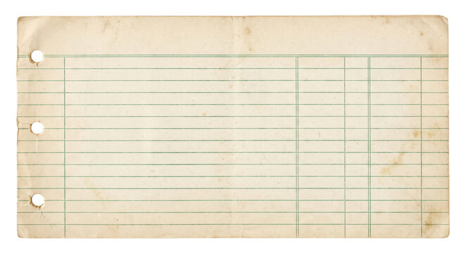 Old, worn, beige ledger paper with green lines and three punched holes, isolated on a white background
