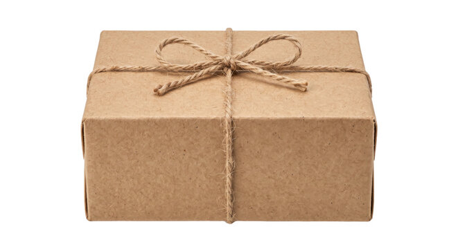 Neatly wrapped brown cardboard gift box with a rustic twine bow, isolated on a clean white background
