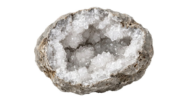 Beautiful white quartz geode with sparkling crystal formations inside a rough, textured rock shell, isolated on a white background