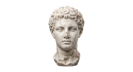 Naklejka na ściany i meble Ancient Roman marble bust of a young man with curly hair, featuring classical style and detailed craftsmanship on a white background