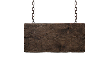Naklejka na ściany i meble Rustic dark brown wooden sign hanging from two rusty metal chains against a clean white background