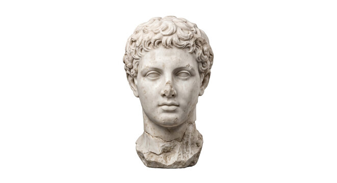 Ancient Roman marble bust of a young man with curly hair, featuring classical style and detailed craftsmanship on a white background