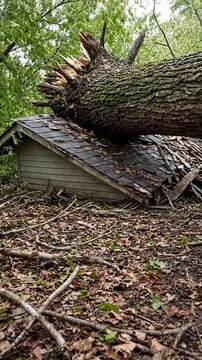 Fallen Tree Resting on Abandoned Building Surrounded by Lush Green Foliage and Fallen Leaves