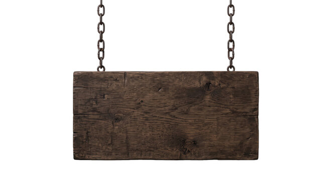 Rustic dark brown wooden sign hanging from two rusty metal chains against a clean white background