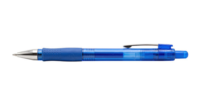 Single blue translucent plastic ballpoint pen with a silver clip is horizontally isolated on a clean white background