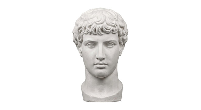 White gypsum statue head of a young man with curly hair, depicting a classical Roman or Greek bust on a clean white background