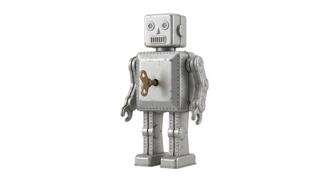Charming silver retro tin toy robot with a golden winding key stands upright on a clean white background
