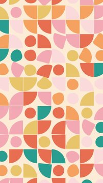 Geometric shapes including semicircles and circles form a colorful repeating pattern on a cream background.