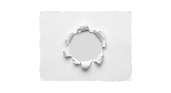 White textured paper sheet with a ragged circular hole in the center, revealing a light gray background
