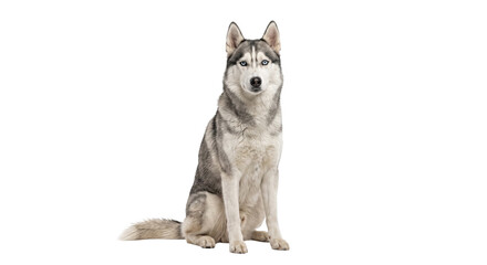 Beautiful gray and white Siberian Husky dog with striking blue eyes sits calmly, looking directly at the camera on a clean white background © no one