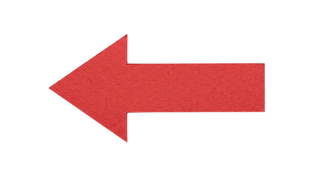Single vibrant red paper arrow pointing left, isolated on a clean white background, showcasing a textured surface