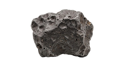 Large dark gray iron meteorite with distinct regmaglypts and a rough texture, isolated on a clean white background © no one