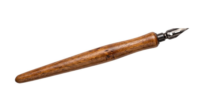 Classic wooden calligraphy pen with a metal nib is elegantly positioned against a clean white background