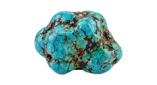 Rough, unpolished natural turquoise gemstone with vibrant blue-green color and dark matrix, isolated on a clean white background
