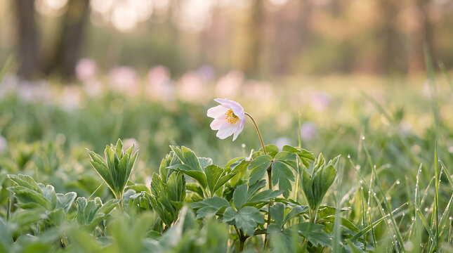 Single white wood anemone flower in lush green grass on a sunny morning in a nature meadow garden. Suitable for springthemed designs and nature backgrounds.