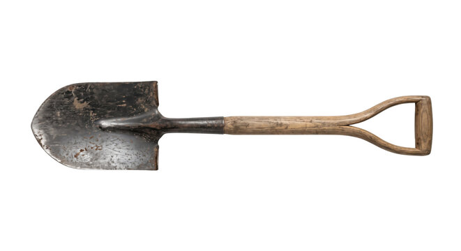 Old, weathered, and dirty metal shovel with a wooden handle, isolated on a clean white background, viewed from a high angle