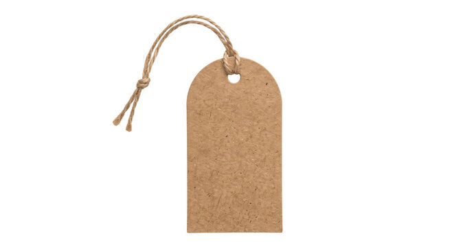 Single blank brown cardboard tag with a jute string tie is isolated on a clean white background