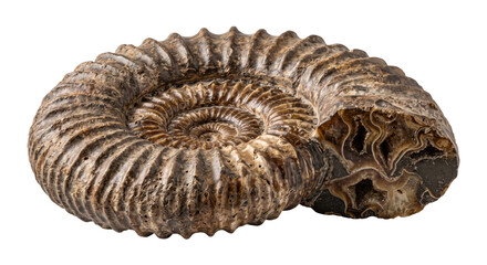 Large brown ammonite fossil with intricate spiral patterns and visible internal chambers, isolated on a clean white background © no one
