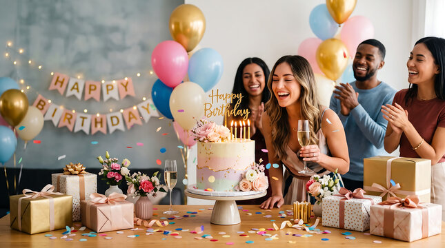 Happy birthday photo with cake, colorful balloons, wrapped gifts, and friends. Perfect for party or celebration invitations, greeting cards.