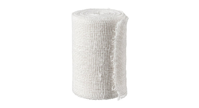 Single white rolled medical gauze bandage stands upright on a clean white background, ready for first aid