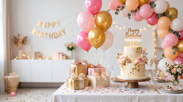 Pink gold balloons, birthday cake, gift boxes, party banner, festive table setting. Perfect for birthday party invitations and decorations.