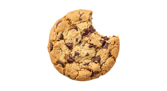 Delicious round chocolate chip cookie with a bite taken out, showcasing its texture and rich brown chips on a clean white background