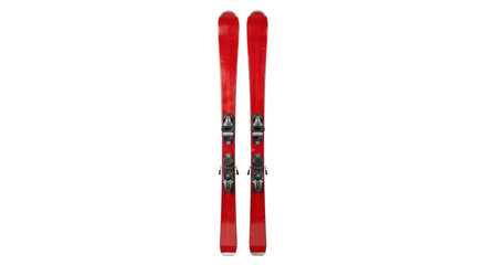 Naklejka na ściany i meble Pair of vibrant red alpine skis with bindings, showing some wear and tear, isolated on a clean white background