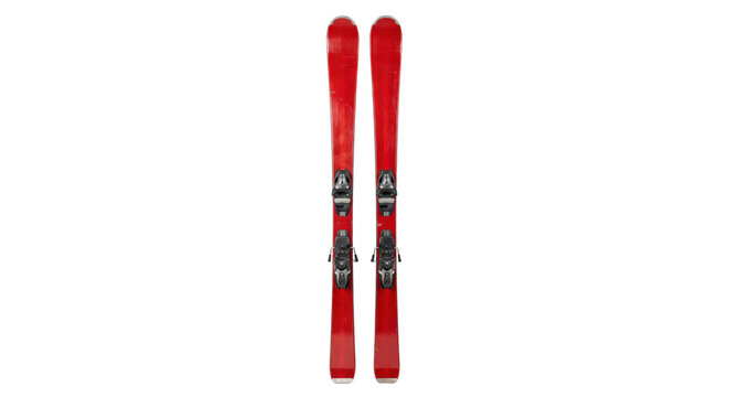 Pair of vibrant red alpine skis with bindings, showing some wear and tear, isolated on a clean white background