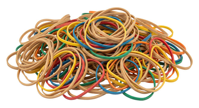 Large pile of colorful rubber bands, including brown, red, blue, yellow, green, and orange, is scattered on a clean white background