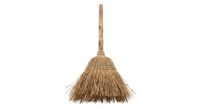 Traditional straw broom with a rustic wooden handle, tied with twine, standing upright on a clean white background