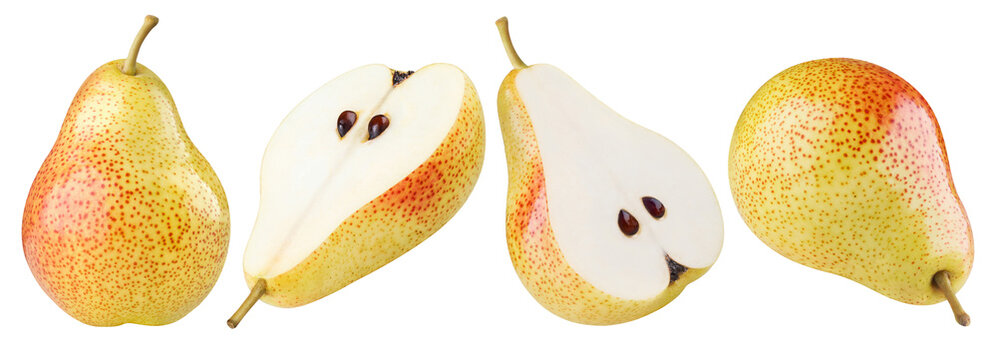 Collection of four pear fruits showing whole and cut halves, isolated on transparent cutout background