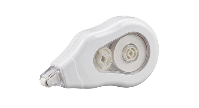 White plastic correction tape dispenser with visible internal gears and tape, captured on a clean white background