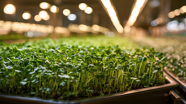 Rows Of Microgreens Growing Under Soft Grow Lights In A Warehouse Farm
