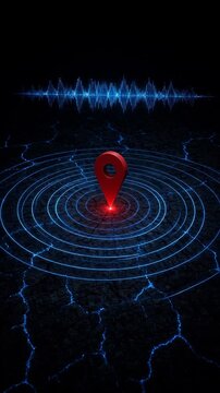 Glowing Red Location Pin Surrounded by Concentric Blue Waves on a Dark Background