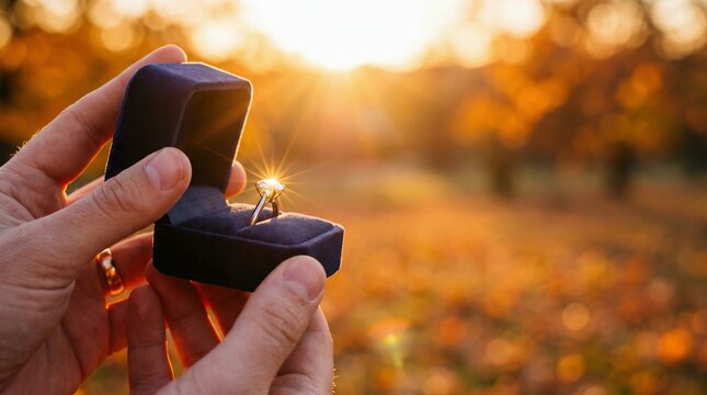 Engagement ring held in open box during autumn sunset, symbolizing love and marriage proposal.