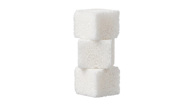 Three white granulated sugar cubes are neatly stacked vertically on a clean white background, showcasing their rough texture