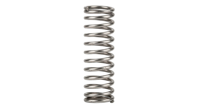 Single shiny metallic compression spring stands vertically against a clean white background, showcasing its coiled structure