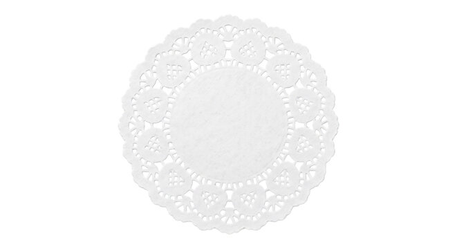 Single white round paper doily with intricate lace-like cutouts is centered on a clean white background