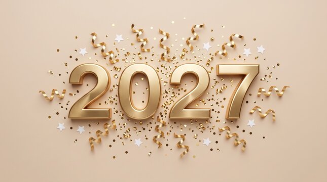 Golden 3D numbers '2027' surrounded by glittering confetti and sparkling lights on a soft, light beige background, symbolizing New Year's Eve, celebration, and the approaching year.