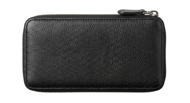 Sleek black leather wallet with a textured surface and silver zipper, photographed from a top-down perspective on a clean white background