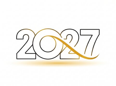 Minimalist and modern 2027 calendar year logo design with a gold curved swoosh accentuating the zero, isolated on a clean white background for New Year celebrations